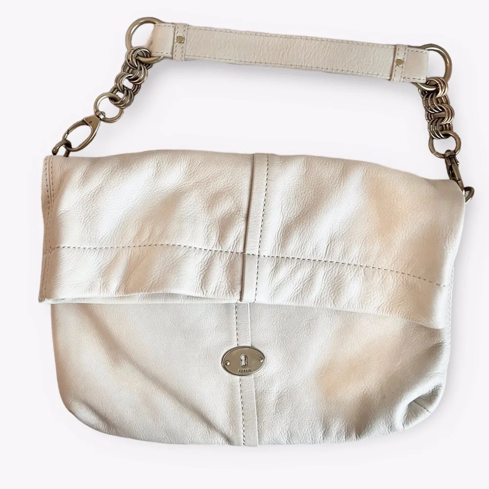 Fossil Quinn Ivory Pebbled Leather Foldover Hobo Bag